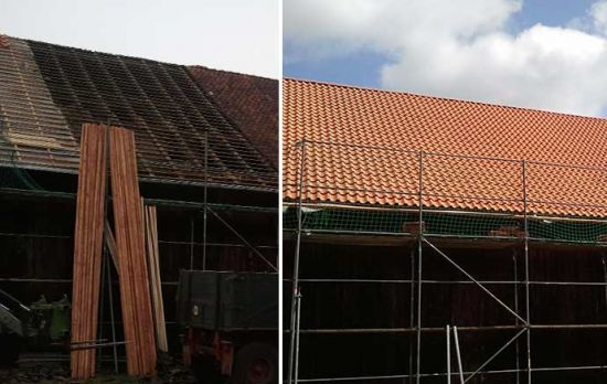 neue Dacheindeckung durch die Dachdeckerei Demski - vorher/nacher Vergleich eines Scheunendaches